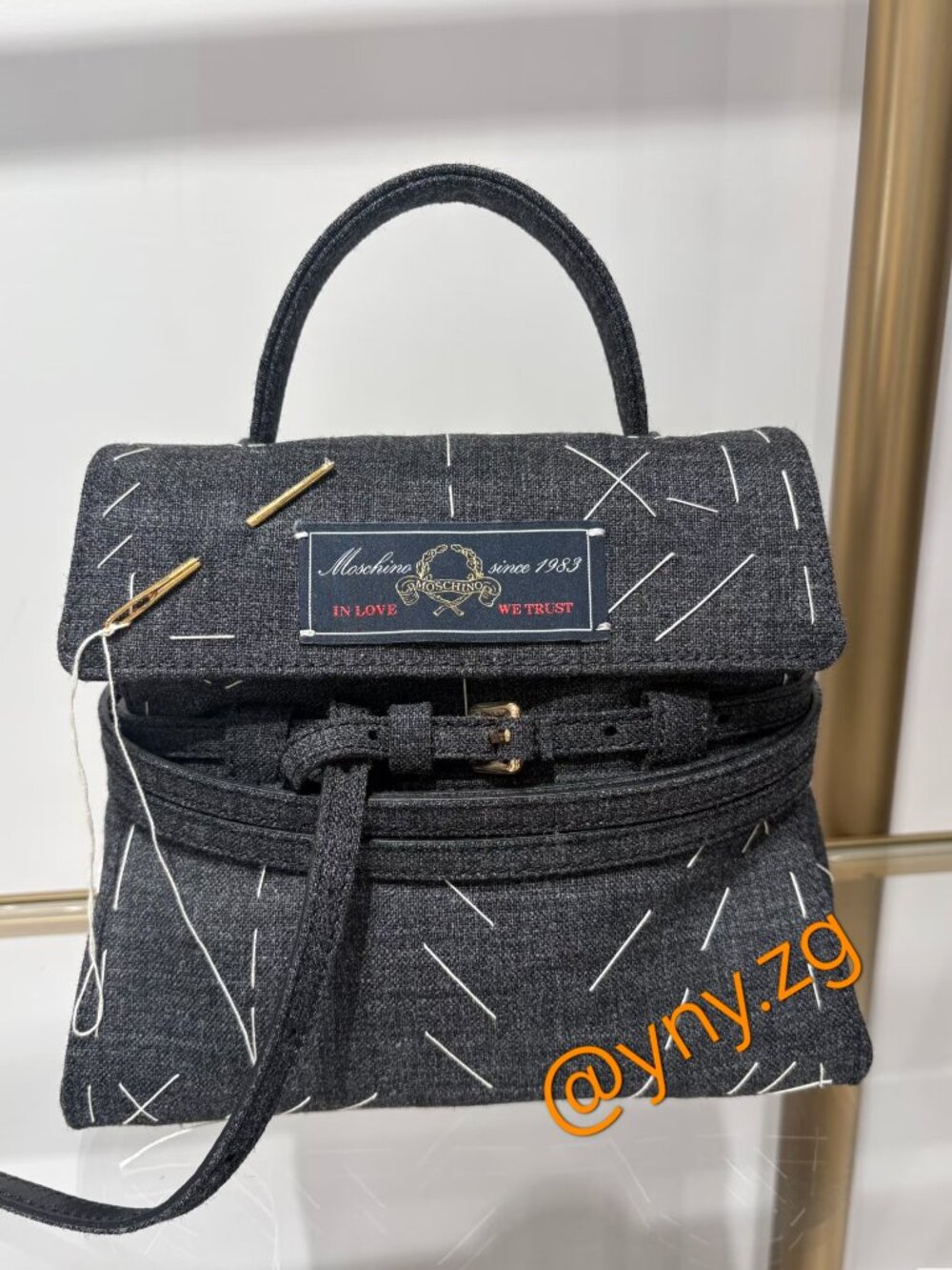 [$1,450] New Moschino Mini Tie Me Topstitch Wool Blend Top Handle Bag